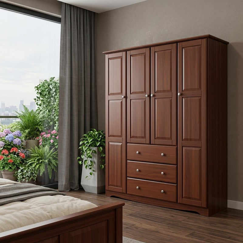 Solid Wood Four Door Three Drawer Combo Dresser - Coffee