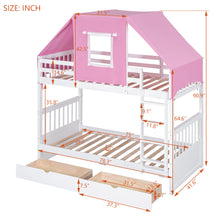 Load image into Gallery viewer, Twin Over Twin Bunk Bed Wood Bed with Tent and Drawers, White+Pink Tent
