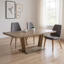 Load image into Gallery viewer, 71" Wood And Metal Self-Storing Leaf Pedestal Base Extendable Dining Table - Gray

