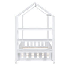 Load image into Gallery viewer, Twin Size Wood House Bed with Fence and Detachable Storage Shelves, White
