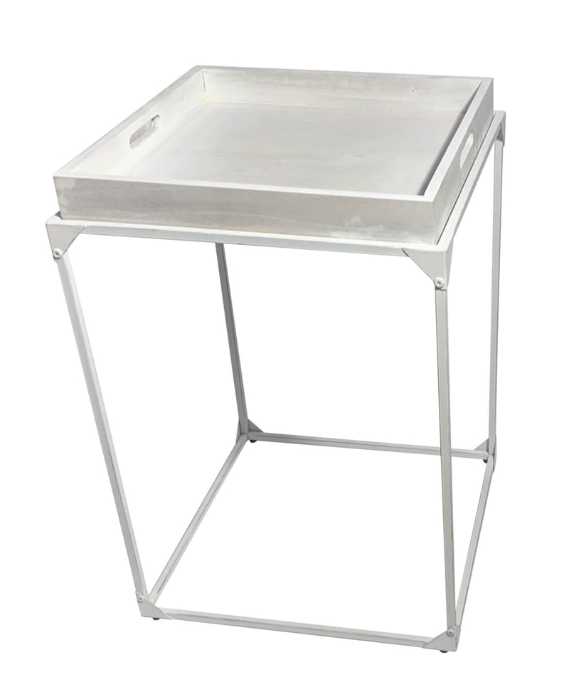 29" Solid Wood And Iron Square Tray Style End Table - White