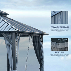 10x12ft Gazebo Double Roof Canopy with Netting and Curtains, Outdoor Gazebo 2-Tier Hardtop Galvanized Iron Aluminum Frame Garden Tent for Patio, Backyard, Deck and Lawns