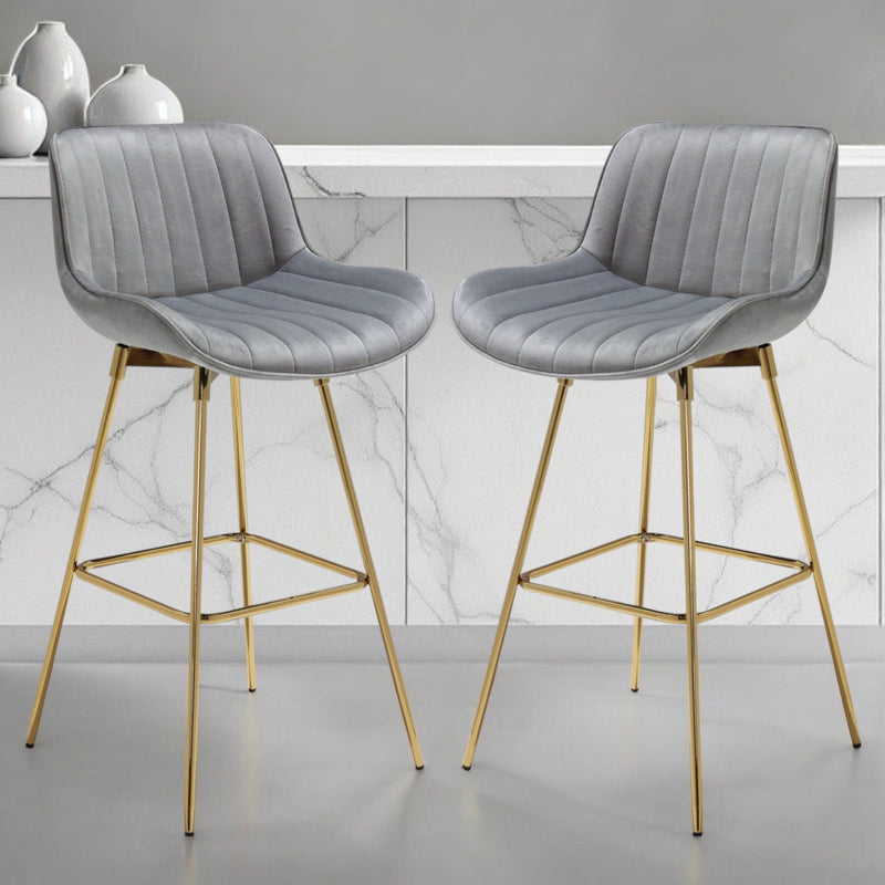 Velvet And Metal Swivel Low Back Bar Height Bar Chairs (Set of 2) - Gray And Gold