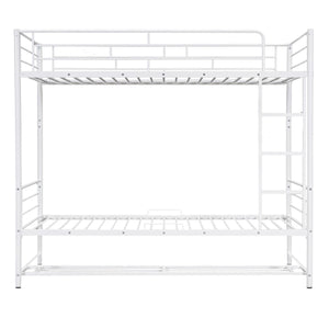 Twin Over Twin Metal Bunk Bed with Shelf and Guardrails, White