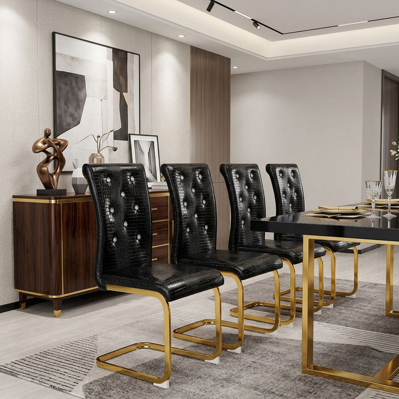 Faux Leather Metal Dining Side Chairs (Set of 4) - Black / Gold