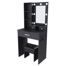 Load image into Gallery viewer, Vanity Table With Mirror, Adjustable LED Lights, Power Outlet, Hairdryer Holder &amp; Stool
