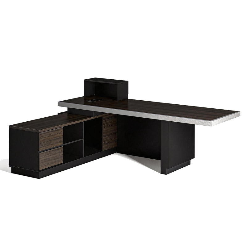 Wood Pedestal Executive Desk With Two Drawers Built In Lighting - Black