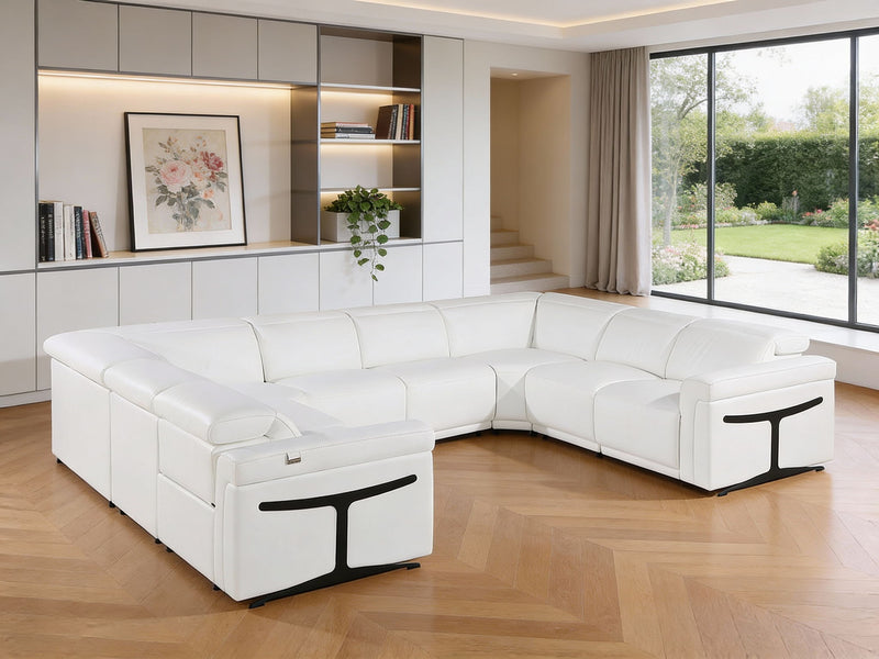 Italian Leather Power Reclining U Shaped Eight Piece Corner Sectional With Console - White