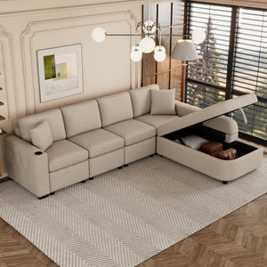 109.8"L-shaped Couch Sectional Sofa with Storage Chaise,Cup Holder and USB Ports for Living Room, Beige