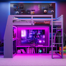 Load image into Gallery viewer, Gaming Loft Bed With Desk, Multi Storage Shelves, LED Lighting, And Hanging Clothes Rack
