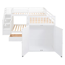 Load image into Gallery viewer, Twin-Twin over Full L-Shaped Bunk Bed With 3 Drawers, Portable Desk and Wardrobe, White
