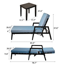 Load image into Gallery viewer, 3 Piece Outdoor Patio Lounge Set, 2 Chaise &amp; 1 End Table With Modern Tapered Feet, Pneumatic Adjustable Backrest, Wheels, Sunbrella Cushion - Ember Black / Blue

