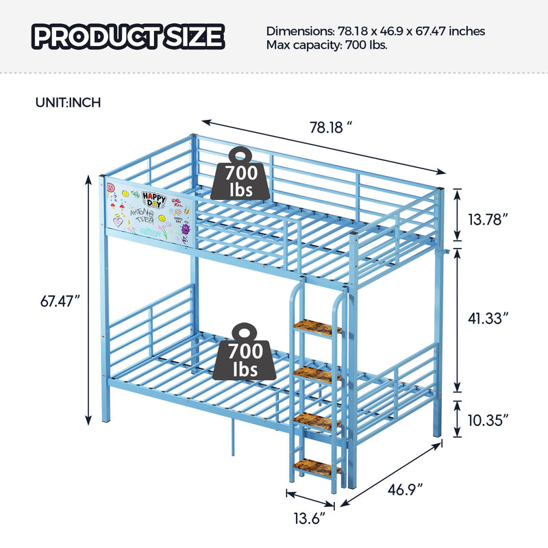 Bunk Bed, Convertible To 2 Separate Twin Size Beds & Full Length Guardrail & Ladder, No Box Spring Needed - Blue