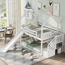 Load image into Gallery viewer, Twin over Twin House Bunk Bed with Convertible Slide,Storage Staircase,White
