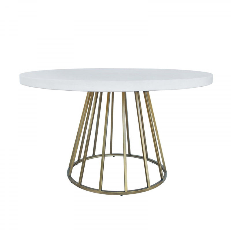 Concrete Pedestal Base Round Top Dining Table - White / Brass