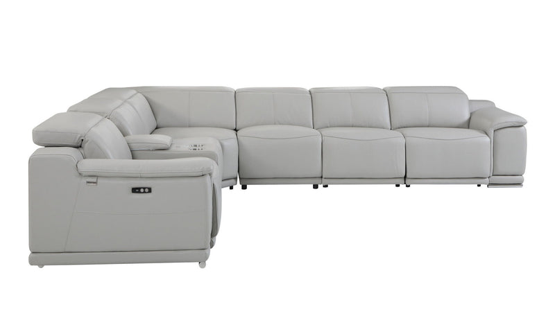 Italian Leather Power Reclining Seven Piece Corner Sectional With Console - Light Gray