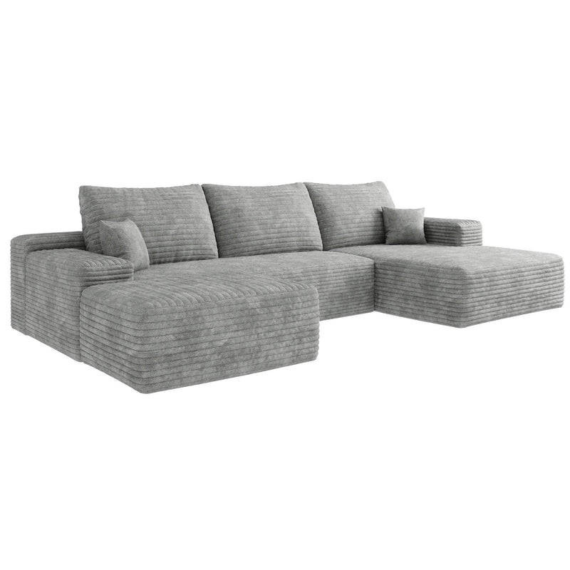 Corduroy Modular Right Chaise Style Sofa With Ottoman And Toss Pillows - Gray