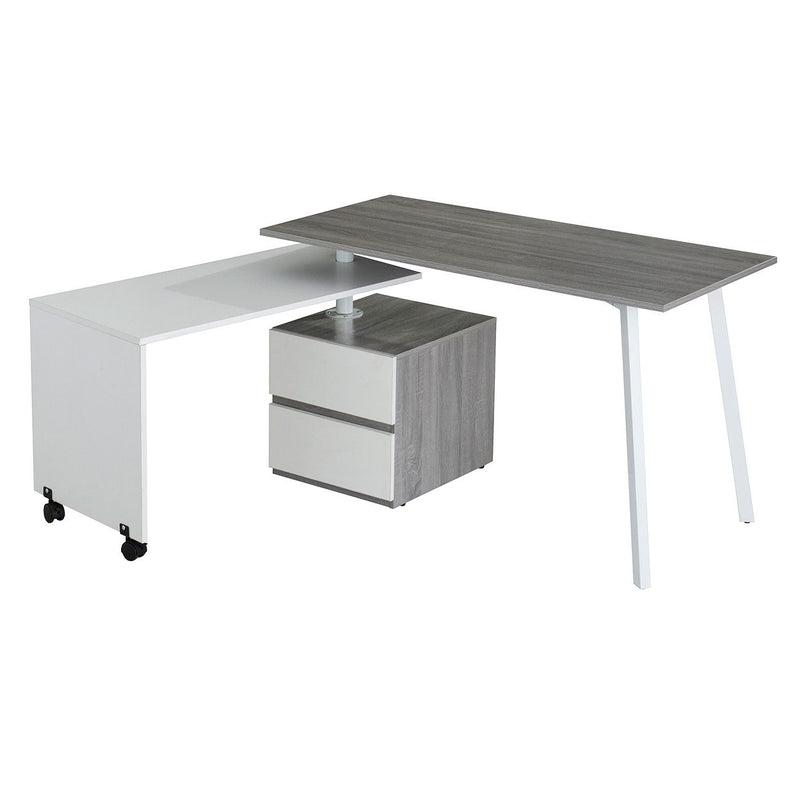L Shape Rolling Pedestal Computer Desk With Two Drawers - Gray / White