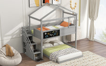 Load image into Gallery viewer, Twin over Full House Bunk Bed with Storage Staircase and Blackboard,Gray(Old SKU: GX001701AAE)
