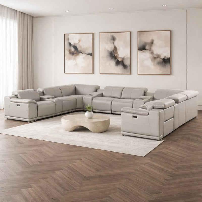 Leather Modular U Shaped Twelve Piece Corner Sectional With Console - Ash / Gray
