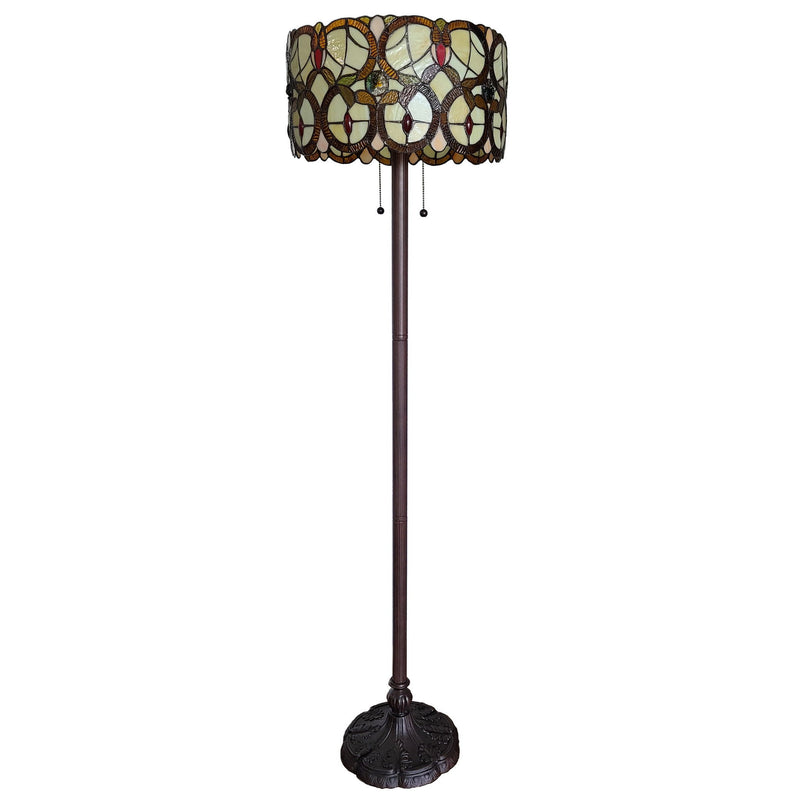 Two Light Traditional Shaped Floor Lamp With Brown And White Stained Glass Drum Shade - Brown