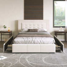 Load image into Gallery viewer, Modern Style Upholstered Queen Platform Bed Frame with Four Drawers, Button Tufted Headboard with PU Leather and Velvet, Beige
