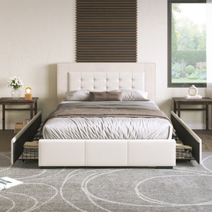 Modern Style Upholstered Queen Platform Bed Frame with Four Drawers, Button Tufted Headboard with PU Leather and Velvet, Beige