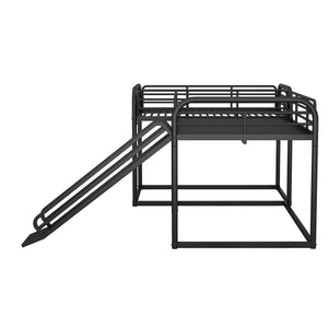 Full and Twin Size L-Shaped Bunk Bed with Slide and Short Ladder, Black