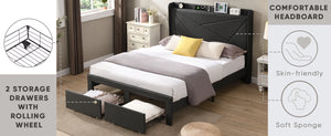 Queen Size Bed Frame with 2 Storage Drawers, Upholstered Bed Frame with Wingback Headboard Storage Shelf Built-in USB Charging Stations and Strong Wood Slats Support, No Box Spring Needed, Dark Gray