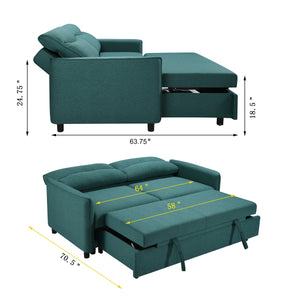 3 in 1 Convertible Sleeper Sofa Bed, Modern Fabric Loveseat Futon Sofa Couch w/Pullout Bed, Small Love Seat Lounge Sofa w/Reclining Backrest, Furniture for Living Room,Green