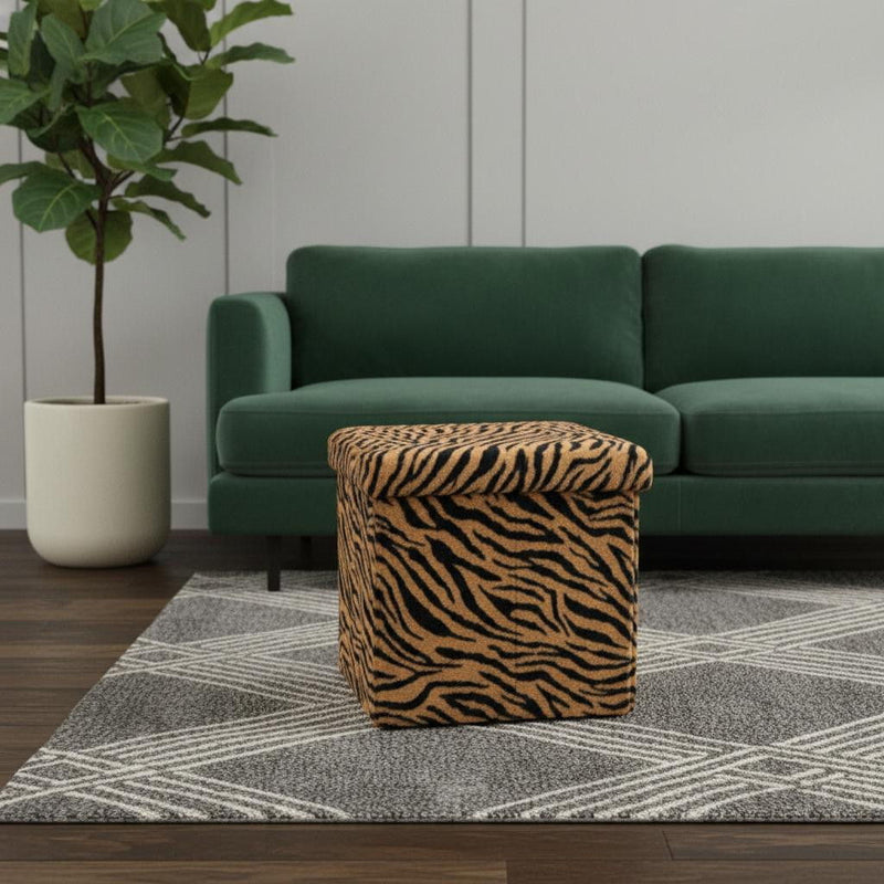 15" Animal Print Storage Ottoman - Beige / Brown