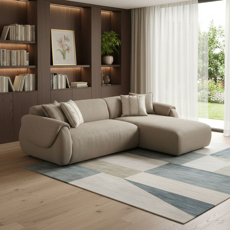Boucle L Shaped Two Piece Sofa Chaise Sectional With Toss Pillows - Taupe