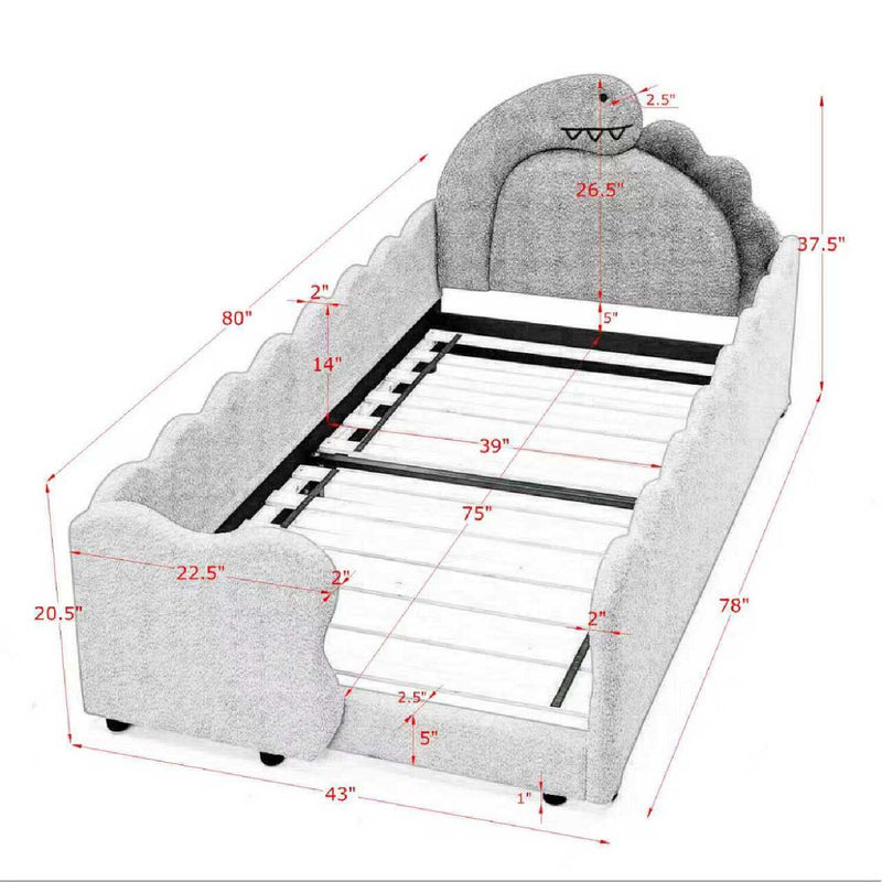 Cute Dinosaur Shaped Bed With Safety Guardrail, Toddler Frame