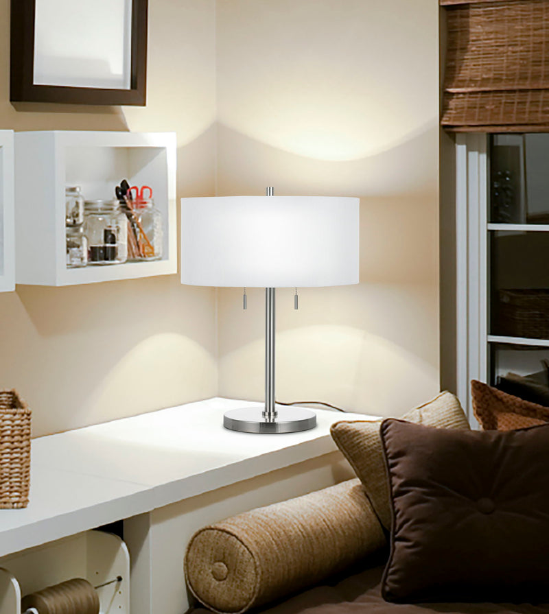 Metal Two Light Table Lamp With White Empire Shade - Nickel