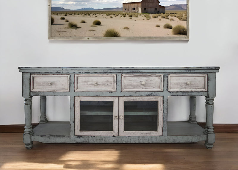 Solid Wood Open Shelving Distressed TV Stand - Blue / White