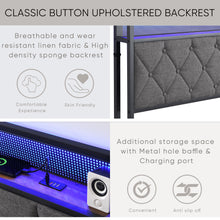 Load image into Gallery viewer, King Bed Frame with Storage Headboard, Charging Station and LED Lights, Upholstered Platform Bed with Heavy Metal Slats, No Box Spring Needed, Noise Free, Easy Assembly, Dark Gray
