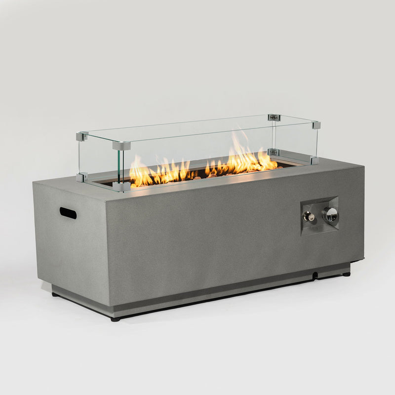 Propane Gas Fire Pit Table, 50000 Btu Rectangular With Glass Wind Guard For Outside - Gray