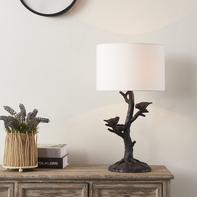 Birds In A Tree Table Lamp With White Drum Shade - Dark Deep Red