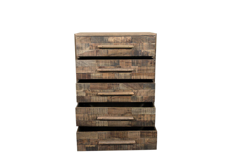 35" Carved Geometric Solid Wood Five Drawer Dresser - Brown