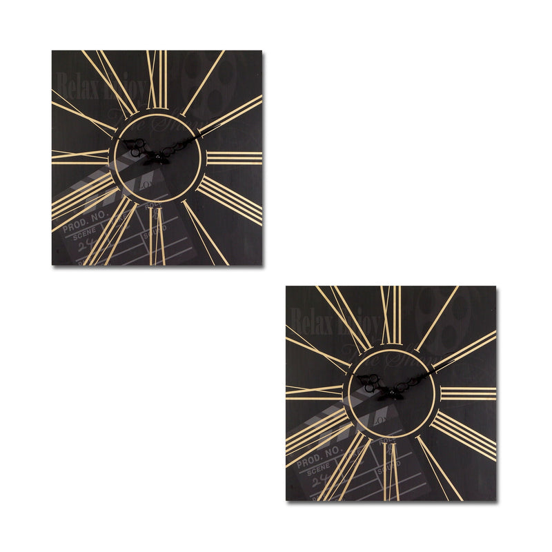 Analog Square Cinema Wall Clocks (Set of 2) - Black / Gold