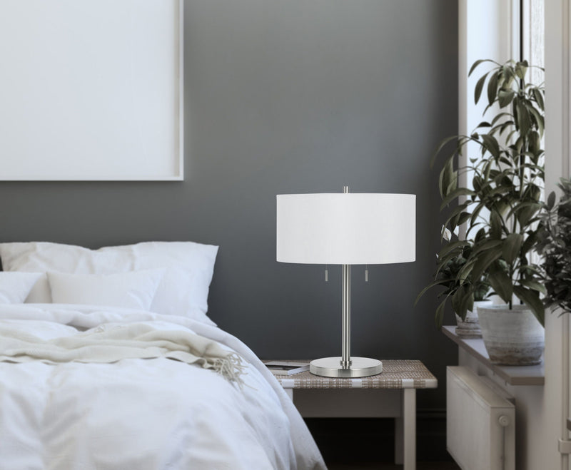 Metal Two Light Table Lamp With White Empire Shade - Nickel