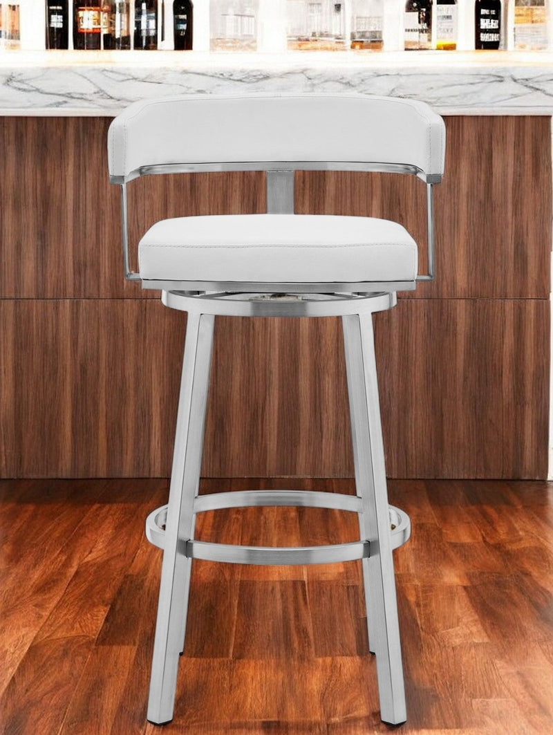 Faux Leather Stainless Steel Low Back Bar Height Swivel Bar Chair - White And Silver