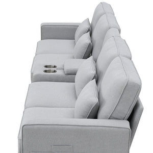 [VIDEO provided] [New] 114.2" Upholstered Sofa with Console, 2 Cupholders and 2 USB Ports Wired or Wirelessly Charged, Modern Linen Fabric Couches with 4 Pillows for Living Room, Apartment (4-Seat)