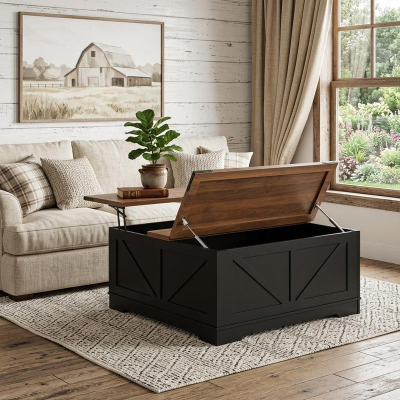 Lift Top Trunk Coffee Table With Two Shelves - Brown / Black