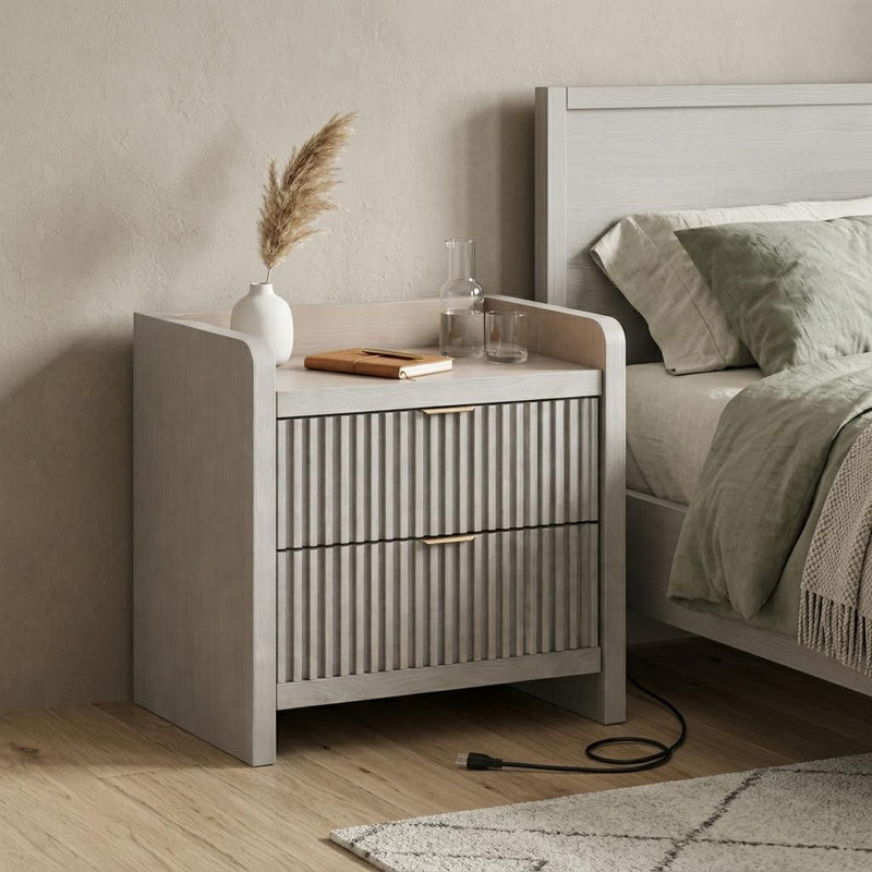 Wood Ribbed Texture Two Drawer Nightstand With USB Port And Integrated Tech - Gray