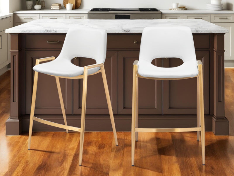 26" Faux Leather And Steel Low Back Counter Height Bar Chairs (Set of 2) - White / Gold