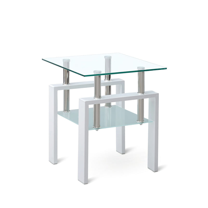 Glass And Metal Square End Table With Shelf - Clear / White
