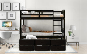 Twin over Twin Wood Bunk Bed with Trundle and Drawers, Espresso