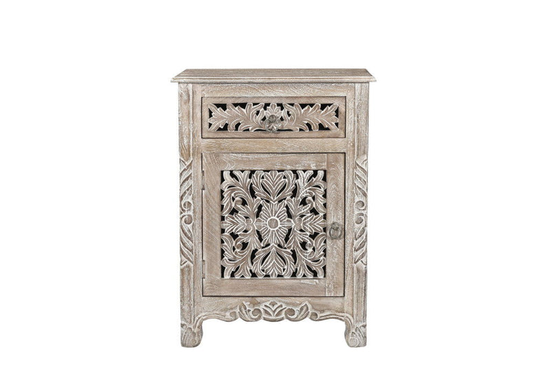 One Drawer Carved Floral Solid Wood Nightstand - Distressed Gray