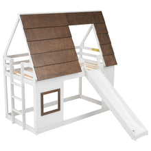 Load image into Gallery viewer, Wood Twin Size House Bunk Bed With Roof, Ladder And Slide - White / Brown
